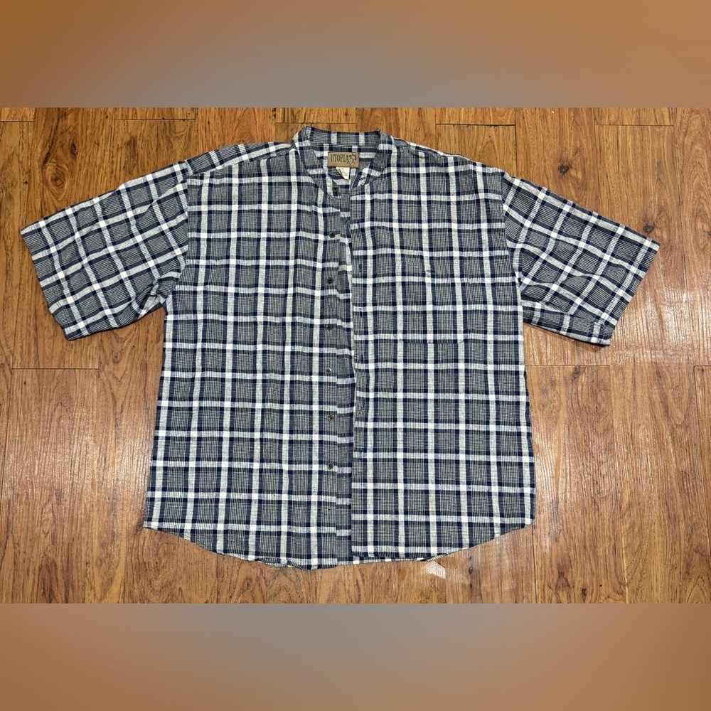 Utopia, Linen, Men’s, Blue/White, Plaid, Button-Up, Short Sleeve, Shirt, Size XL